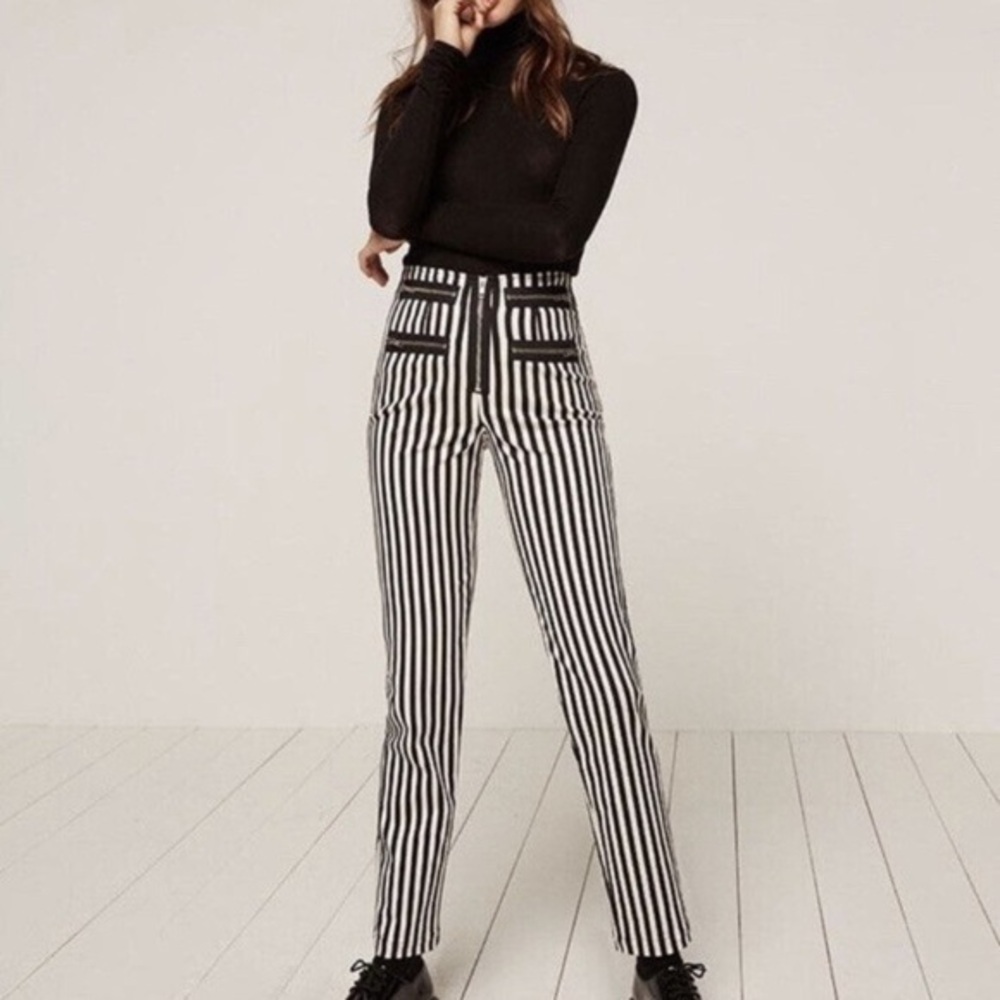 Reformation Pistol Alcatraz Black/White Striped High Waisted Cropped Pants 6